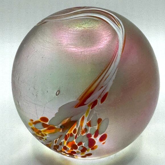 Hand Made Art Glass Paperweight Orb Polished Bottom Iridescent Glass Decor VTG - Picture 3 of 6
